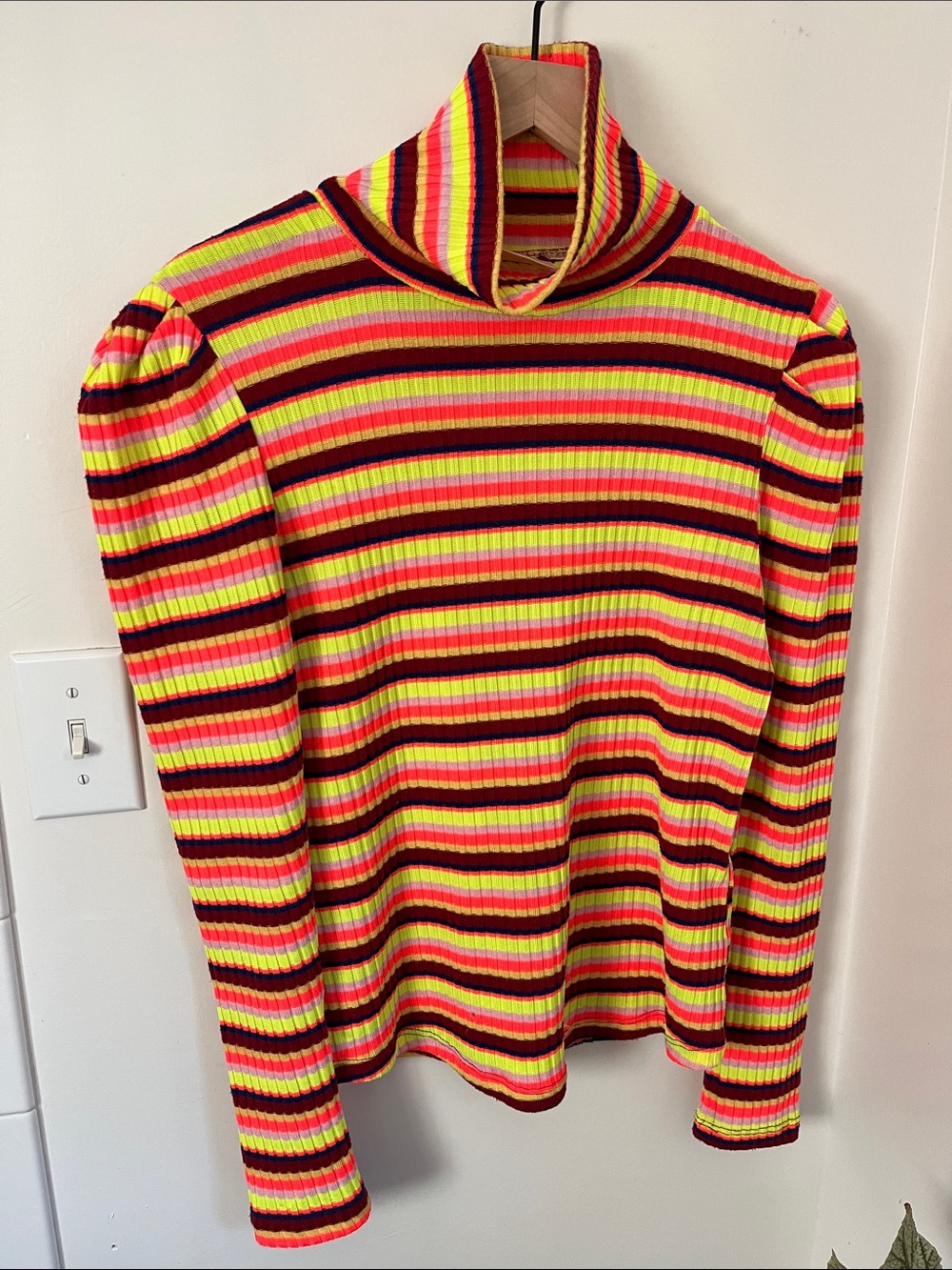 Anthropologie x Maeve Puff Sleeved Striped Turtleneck Top Neon Orange Fall Color